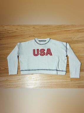 🇺🇸sale🇺🇸NWT SoHo & Stella Red, White & Blue USA Gingham Cropped Sweater - L